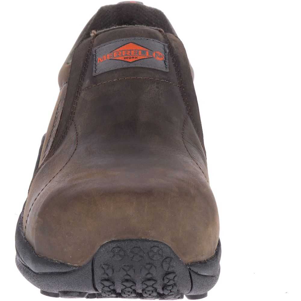 Men's Merrell Jungle Moc Leather Comp Toe Wide Width Slip On Shoes Dark Brown | Israel-629108