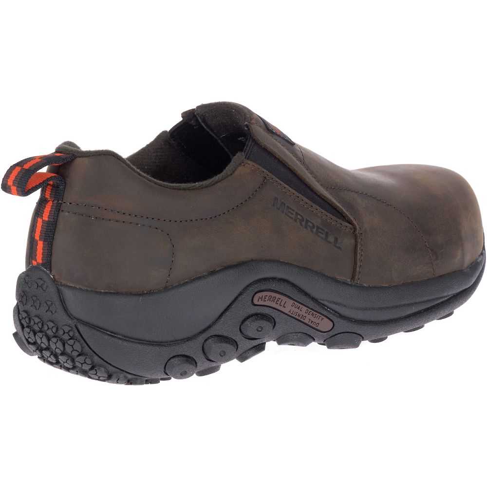 Men's Merrell Jungle Moc Leather Comp Toe Wide Width Slip On Shoes Dark Brown | Israel-629108