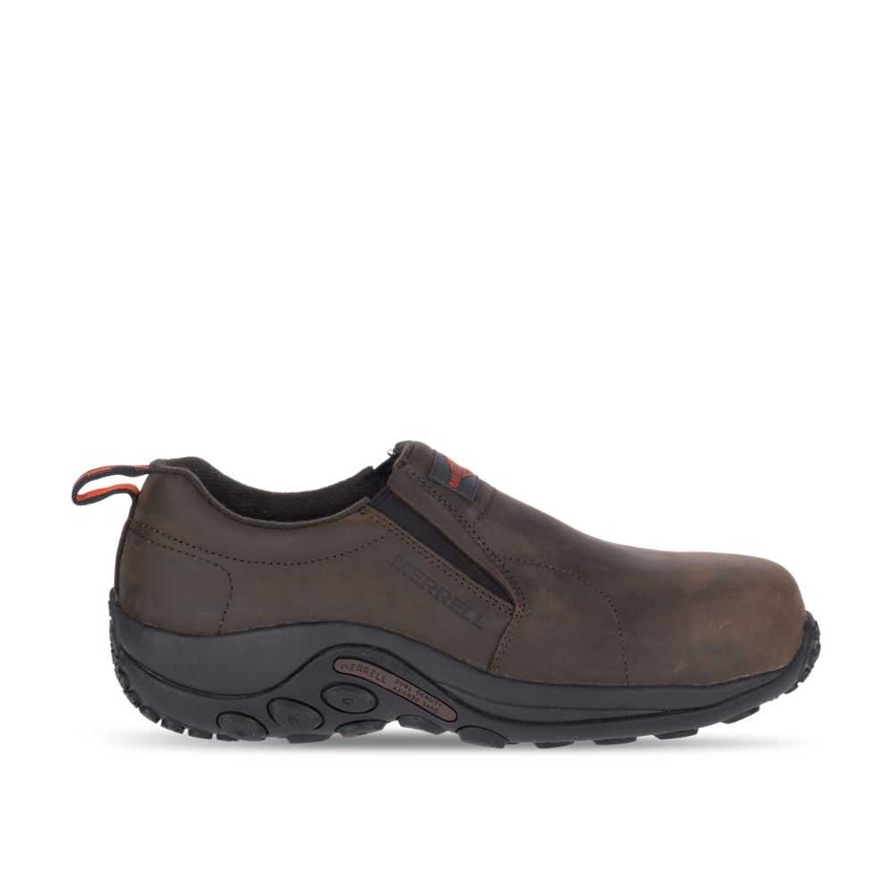 Men's Merrell Jungle Moc Leather Comp Toe Wide Width Slip On Shoes Dark Brown | Israel-629108