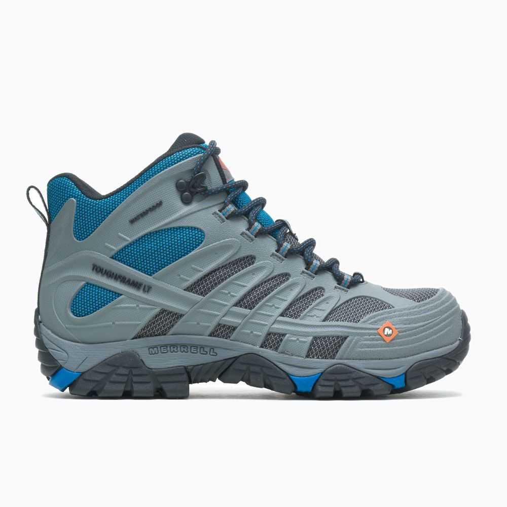 Men's Merrell Moab Velocity Mid Waterproof Carbon Fiber Wide Width Work Boots Light Grey/Royal | Israel-0981372